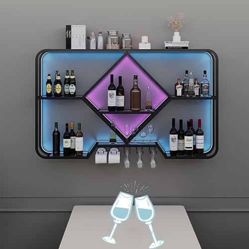 Wall Mounted Wine Rack with LED Light, Floating Bar Unit Shelves, Multifunctional Iron Bottle and Glass Holder for Home Dining Room
