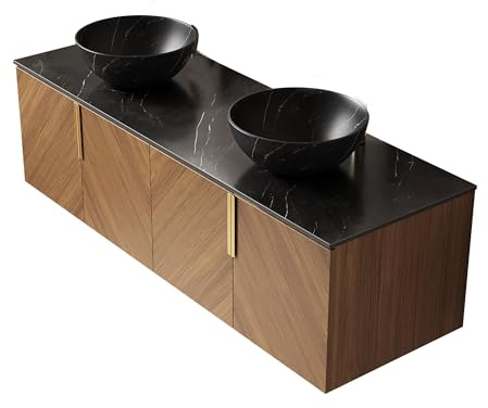 WYMCHMSX 2-Bowl Ceramic Basin,Floating Bathroom Vanity, Storage Cabinet,with Sink, Wall-Mounted,60,Artificial Board,4-Door,Stone Countertop, No Faucet,Pre-Assembled,