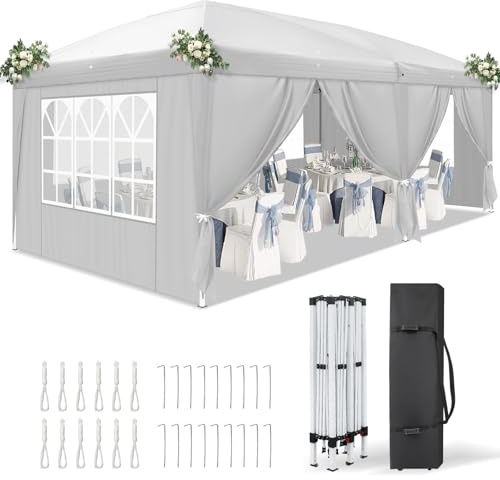Tonnelle Pliante Imperméable 3x6m-Barnum Pliant avec 6 Parois,Tonnelle de Jardin Extérieur Pliante à Montage Rapide,Chapiteau Pliable de Camping et Plage avec Sac à roulettes,Blanc