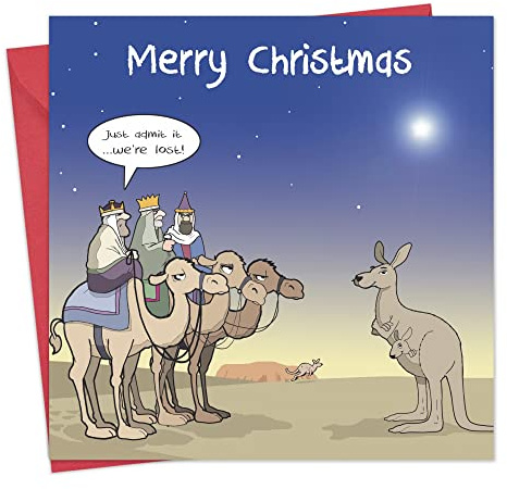 Twizler Weihnachtskarte, lustiges Design, Motiv: 3 weise Männer mit Kamelen und Känguru, für Damen und Herren geeignet, mit englischer Aufschrift