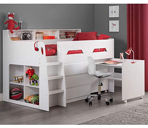 happybeds Jupiter White Wooden Mid Sleeper Bed, 3ft Single, Storage Shelves