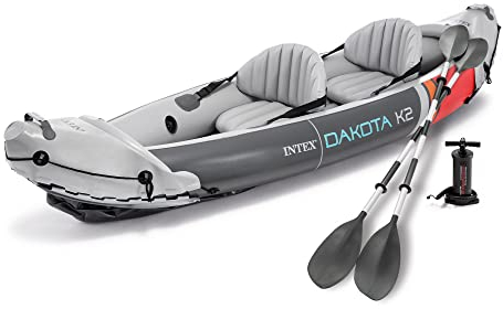 Intex Dakota K2 2-Person Heavy-Duty Vinyl Inflatable Kayak, Infalatbale Boat Holds 2 people up to 400 pounds, with 86-Inch Oars Air Pump and Carry Bag, Gray & Red 68310VM
