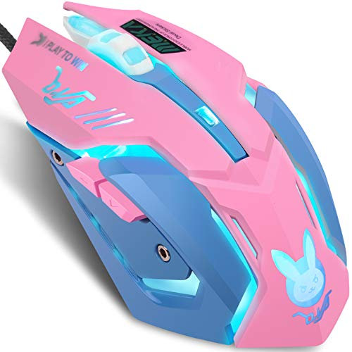 IULONEE Souris de Jeu USB Silencieuse Boutons Réglables 7 Couleurs Rétroéclairé Optique Gamer Souris Ergonomique Pleine Taille Souris 3200 DPI pour PC MacBook l'ordinateur (Rose et Bleu)