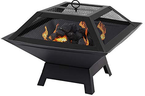 Taylor & Brown Square Fire Pit with BBQ Grill Heater Outdoor Garden Black Barbeque Metal Brazier Patio Decor Firepit Stove Portable Heat Mesh Cover for Camping or Picnics