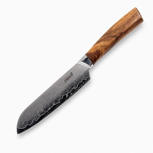 pasoli Damast Santoku-Messer 13 cm – japanisches messer & damastmesser | Scharfes Damast Kochmesser als Santokumesser aus 67-lagigem VG-10 Damaszener-Stahl mit Klingenschutz