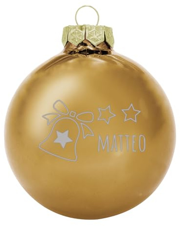Deitert Weihnachtskugel mit Wunschtext Gravur, Ø 8cm, personalisierte Christbaumkugel aus Glas (glänzend), Individueller Weihnachtsbaumschmuck Namen oder Spruch, Glocke-Motiv, Gold