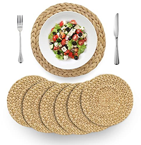 BARIEN 30,5 cm gewebte Tischsets rund 6er Set, natürliche Wasserhyazinthe, gewebte Tischsets für Esstisch, große handgefertigte gewebte Platzsets, hitzebeständig, rutschfest
