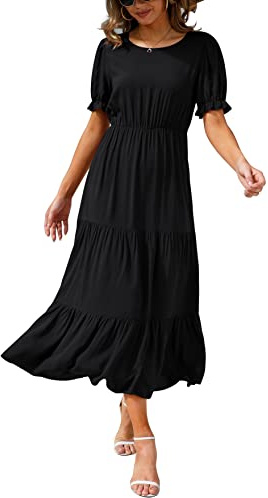 GRECERELLE Womens Summer Midi Dress Floral Print Boho Dress Ruffle Puff Sleeve High Waist A-Line Casual Boho Cocktail Holiday Beach Long Dress for Ladies