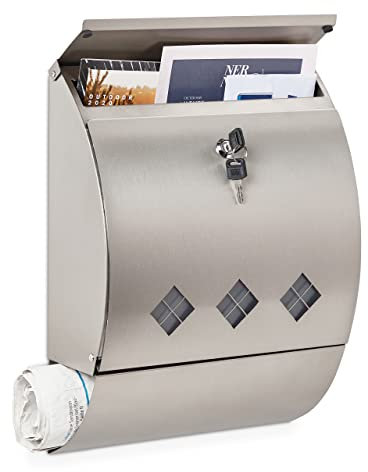 Relaxdays Cassetta della Posta, Acciaio Inox, Buca per Lettere e Portagiornali, HLP 40x30x12,5 cm, 2 Chiavi, Argentato