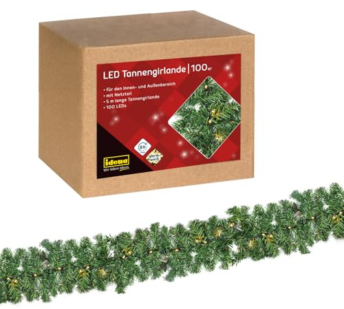 Idena 31870 - LED Tannengirlande mit 100 LEDs in Warmweiß, mit 8 Stunden Timer Funktion und Netzteil, ca. 5 m lang, Deko für Innen & Außen, zum Basteln, als Party Deko, Advents- und Weihnachtsdeko