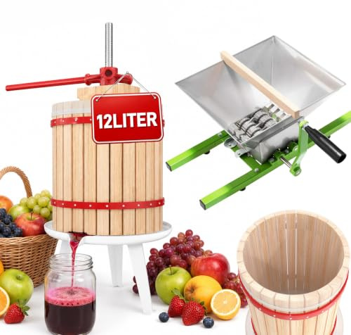 LZQ Obstmühle Weinpresse obstpresse saftpresse obstpresse & Traubenmühle apfelpresse mit Handkurbel(12L Obstpresse + 7L Obstmühle)