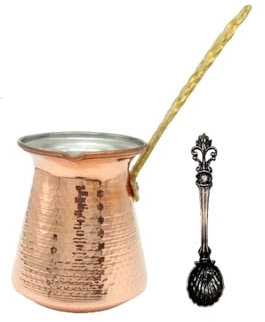 LEO Design Caffettiera turca 5 misure, piano cottura per caffè greco arabo spesso 3 mm, in rame inciso, realizzato a mano, con manico in legno/ottone lungo per 2-8 tazze (6 tazze)
