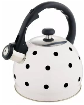 Luckyberg Moderne Wasserkessel Induktion Pfeifkessel aus Edelstahl, Kleiner Teekessel für alle Kochplatten, Flötenkessel, Wasserkocher für Tee Kaffee, ca 2 L, (weiß schwarze Punkte)