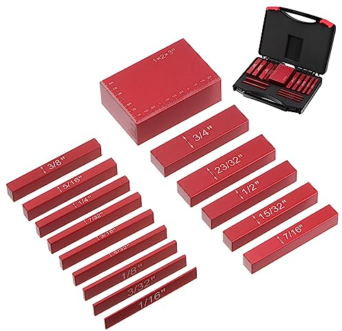 HARFINGTON 15-teiliges Setup-Block-Höhenmessgerät-Set, 1/16-3 Zoll Präzisions-Aluminium-Frästisch-Aufstellstangen mit lasergravierten Größenmarkierungen für Tischler, Bau, Heimwerker, Rot