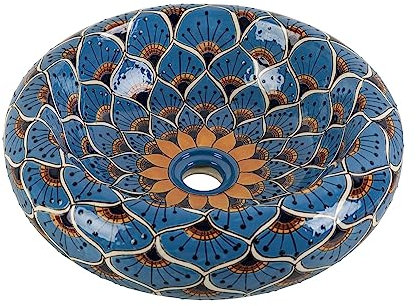Cerames Azura Prima - Farbiges Waschbecken aus Keramik in Blau, Mexikanische Rund Aufsatzwaschbecken | 40 cm Keramik Talavera Waschbecken aus Mexiko