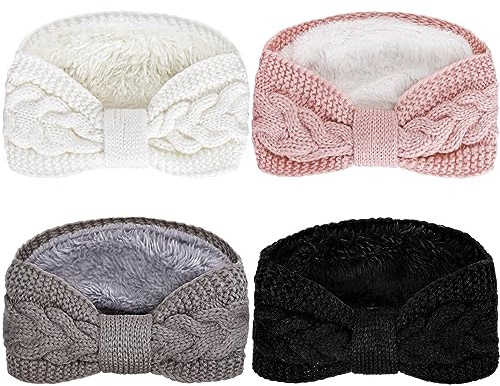 Whaline 4 Pack Twisted Knit Headbands Winter Knotted Head Wraps Fuzzy Lined Headband Thick Crochet Turban Ear Warmer Elastic Hair Band Accessories for Women (White, Pink, Black, Grey)