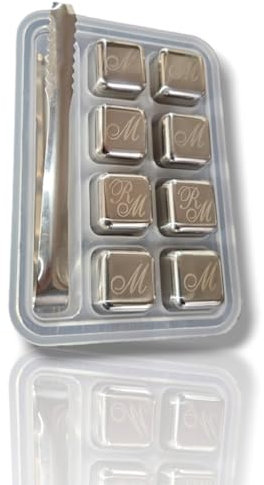 personalisierte Edelstahl Eiswürfel wiederverwendbar | wiederverwendbare Ice Cube | 8 Stück mit Zange | Whisky Stein Edel | individuelle Eis Würfel | Geschenk individuell Weihnachten Männer