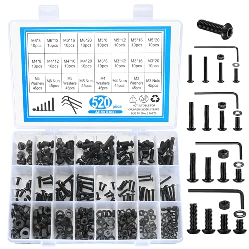 520 Stk Schrauben und Muttern Set, M3/M4/M5/M6 Innensechskantschrauben Muttern und Unterlegscheiben Sortiment Kit, Kohlenstoffstahl Gewindeschrauben Set mit Muttern und Unterlegscheiben