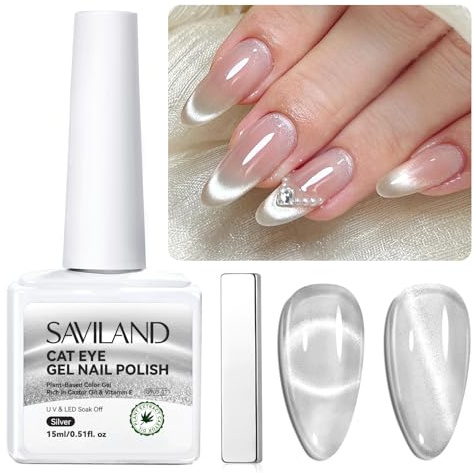 SAVILAND Cat Eye UV Gel Nagellack mit Magnet, 15ml 9D Cateye Silver Cateye Magnet Einweichen Holografischer Katzenaugen Gel Nail Polish UV Nagellack Glitzer Art Manicure Salon Home DIY Silber
