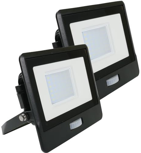 paul russells 30W Outdoor Motion Sensor Security Light – 6500K Daylight White, 3000 Lumen PIR Floodlight, IP65 Waterproof, Ultra-Thin, Ideal for Forecourt, Backyard, Garages, Garden and More, 2 Packs