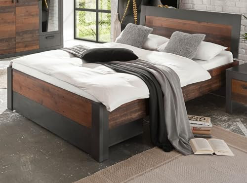 Furn.Design Bett 140 x 200 cm in Old Used Wood mit grau Matera Einzelbett Jugendbett mit Bettschubkasten Stauraumbett im Shabby Chic Desgin Ward (Bett 1 mit Schubkasten)