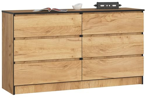 AKORD Cassettiera K 140 cm 6 (2 x 3) Cassetti | Moderna Mobiletto per Soggiorno Sala da Pranzo Camera da Letto | Armadio Cameretta | 138 x 77 x 40 cm | Peso 51kg | Quercia Artigianale
