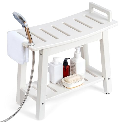 FLyjoe Duschbank für Innendusche, Rasierbeine, großer wasserdichter HDPE-Duschstuhlsitz mit Ablageablage und Griffen, Spa-Duschhocker für Badewanne, Badezimmer, Innen- und Außenbereich, Weiß