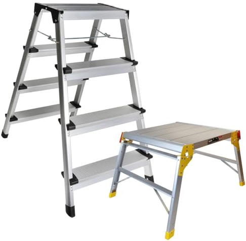 Excel AluminiumStoolLadder 4 Tread with Work Bench Folding HopUp 600mm - Aluminiumhopup, AluminiumStool, AluminiumLadder, Foldable Hopup, Portable hopup, Foldableladder