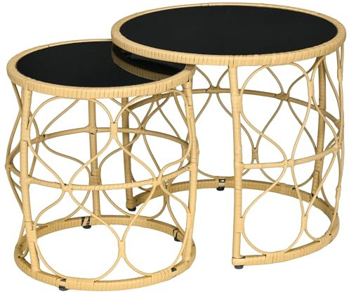 Outsunny Rattan Beistelltisch 2er-Set, Couchtisch mit Glasplatte, Stapelbarer Sofatisch, Boho-Stil, Handgeflochtener Kaffeetisch für Garten, Balkon, Stahl, Khaki