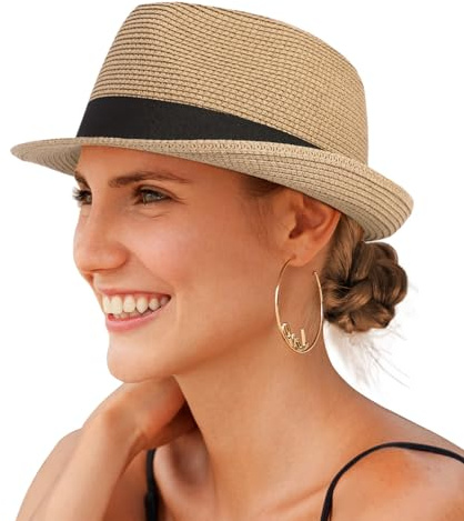 Creekstone Chapeau de Soleil Fedora en Paille pour Homme et Femme à Bord Court Panama Trilby Chapeau Été de Plage Pliable UPF 50+