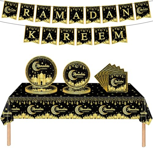 54Pcs Ramadan kareem Tableware Set,Black Gold Moon&Star Ramadan Decorations for Home Including 1P Table Cloth,32P Paper Plates,20P Napkins and 1 Set Ramadan kareem Banner for Ramadan Table Decors