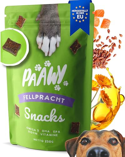 Haut & Fellpflege für Hunde von Paawy | 180 Fellpracht Snacks mit Bierhefe, Biotin, Zink & Lachsöl | lecker, natürlich & gesund gegen Juckreiz & Haarausfall beim Hund | mit Omega-3 für glänzendes Fell