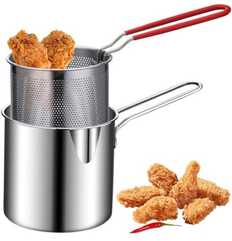Deep Fat Fryer Set, Stainless Steel Deep Fryer Pot with Strainer Basket, Oil Saving Deep Frying Pot with Long Handle for Frying Chips Fish Shrimp Chicken
