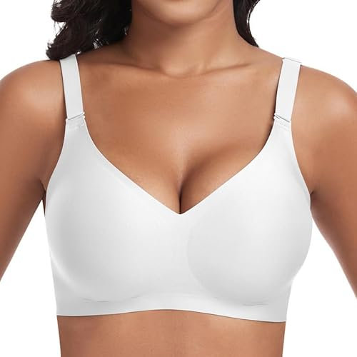 Cavotor Women Seamless Bra Non Wired Push Up Support Bras for Saggy Breasts Wireless T Shirt Soft Comfort Ladies V Neck Padded Bralettes with Extender (White,M)