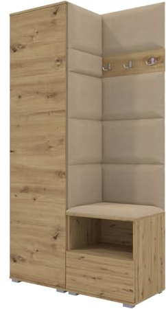 RAVIO Flurgarderobe 100 cm mit Kleiderschrank & Schuhschrank, Garderobenset Flur mit Sitzbank, Garderobenpaneel, Wandpolster & Push to Open Türen - Artisan Eiche/Wandpaneele Beige
