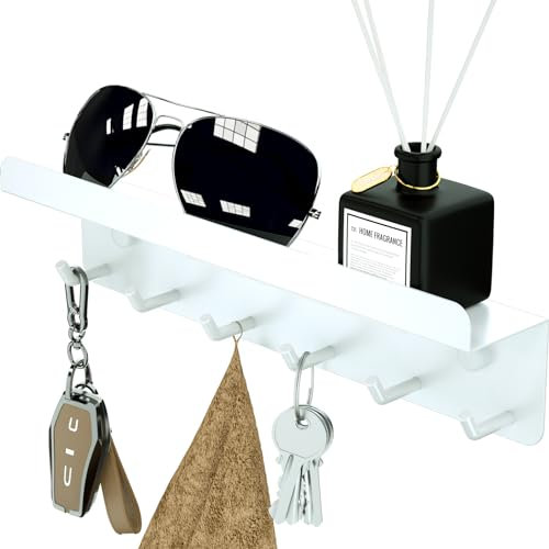 TEEQZIO Portachiavi da parete decorativo per chiavi e posta, con mensola, 6 ganci per chiavi, per corridoio, cucina, ingresso, ufficio, bagno, soggiorno (Bianco)