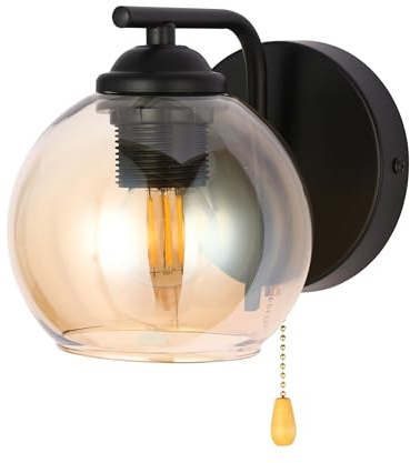TEKLED myHome L-Shape Dome Glass Wall Light | E27 Fitting and Pull Down Switch | for Bedrooms Living Rooms Study Rooms Cafes Bars Restaurants | Black – Amber (Bulb not Included)
