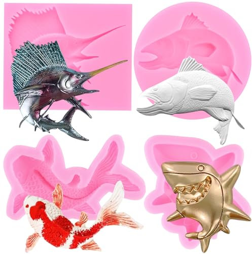 RFGHAC Hai-Silikonform, Thunfisch-Fondantform, Marlin-Fischform Zum Dekorieren Von Kuchen, Cupcake-Toppern, Süßigkeiten, Polymer-Ton, Schokolade, Blütenpaste, 4er-Set