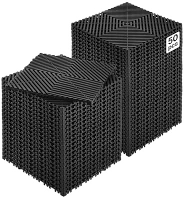 VEVOR Interlocking Drainage Mat, 12” x 12” Modular Interlocking Cushion, 50 Pcs Splicing Drainage Mats, Non-Slip Black PP Drainage Floor Tile and Shower Mat, for Garage, Garden, Kitchen & Outdoor