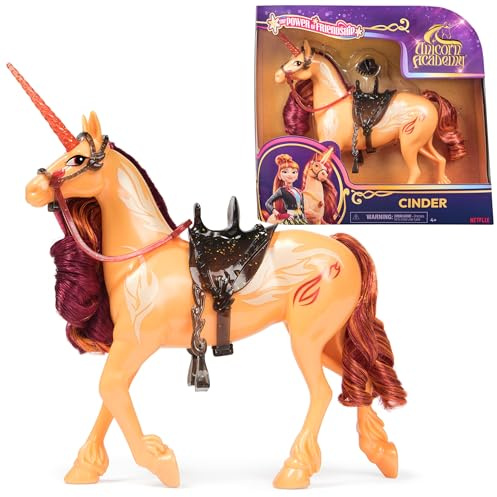 Unicorn Academy Einhorn Cinder - 28 cm groß, Original-Einhorn von Valentina zur Netflix-Serie, mit echter Mähne und Schweif, abnehmbarem Zaumzeug und Sattel sowie Bürste, für Kinder ab 4 Jahren