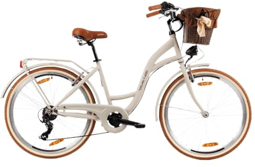 Goetze Mood Damen Fahrrad, City Bike 26/28 Zoll, 6/7-Gang mit Korb | Tiefeinstieg, Shimano-Antrieb, V-Brakes, LED-Beleuchtung, Reflektoren, komplett ausgestattet