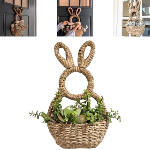 Bunny Basket Hanging Wall Pocket Spring Decor,Hand-Woven Bunny Spring Wreath,for Front Door Decorations Indoor or Outdoor