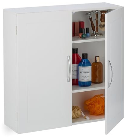 Relaxdays Armario Baño Colgante, 2 Puertas, 3 Estantes Ajustables, 60 x 60 x 20 cm, Mueble Aseo para Pared, Blanco