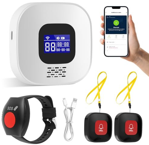 WiFi Personal Alarms for Elderly, Rechargable Wireless Panic Alarm Button, Elderly Alarm Call Button, Personal Alarms for Elderly Seniors Patient Disabled (1 Receiver+2 Call Buttons+1 Bracelet)