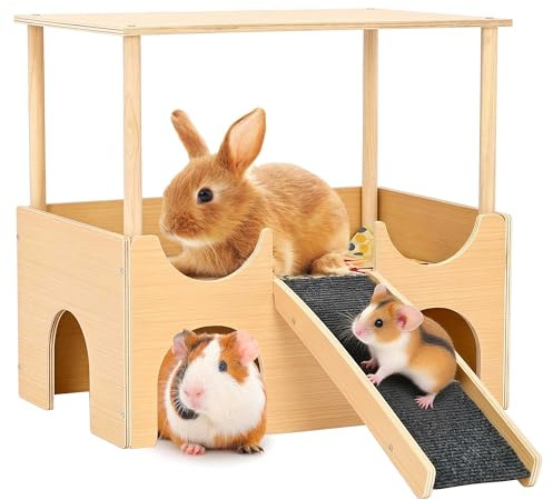 aleawol Meerschweinchen Haus Holz Mit Rampe und Matten, Meerschweinchen Schloss Mit Dach, 2-stöckige Groß Nagerhaus, 38 x 35 x 25 cm, für Zwerg Hamster Rennmäuse Chinchillas Kaninchen