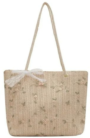YIMAISZQ Strohtaschen Damen Shopper Reiseurlaubs Schulterspitze Spitze Geflochten-weiße Grüne Blume