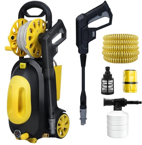 Hudson Idropulitrice Alta Pressione 1500 W, Pressione Max. 80 Bar, Portata 360 l/h, Autoadescante, Pompa in Alluminio, Tubo da 5 m, Pulitore per Casa, Giardino e Auto (Giallo)