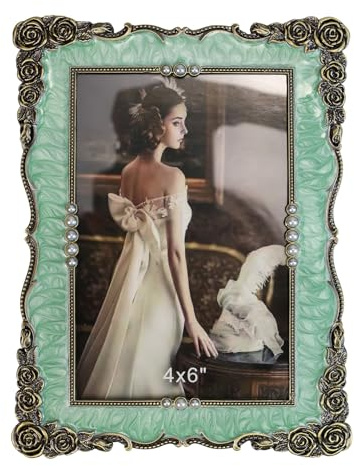 Essovee Vintage Picture Frames 4X6, Elegant Antique Metal Photo Frame with Intricate Rose Carvings and Purple Pearl for Wedding Photos Portraits Unique Gift,Wedding Valentine's/Mother's Day Gifts