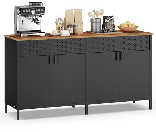 SONGMICS Aufbewahrungsschrank, Metallschrank, mit 4 Türen, Magnetverschluss, Verstellbarer Einlegeboden, Stahlgestell, 40 x 141 x 76 cm, tintenschwarz-vintagebraun LSC205BD01