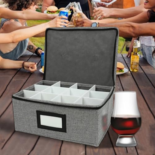 HomeVortex Contenedor de almacenamiento de vidrio con 12 compartimentos y asas, apilable a prueba de polvo, caja protectora para copas de vino, caja de almacenamiento con tapa para cocina o uso